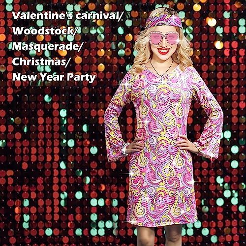 MRYUWB 70s Women Disco Dress Hippie Costumes Necklace Earrings Glasses, 60's 70's Birthday Outfits, 1970s Prom Bling Dress (Bling Pink, XX-Large) - Image 3