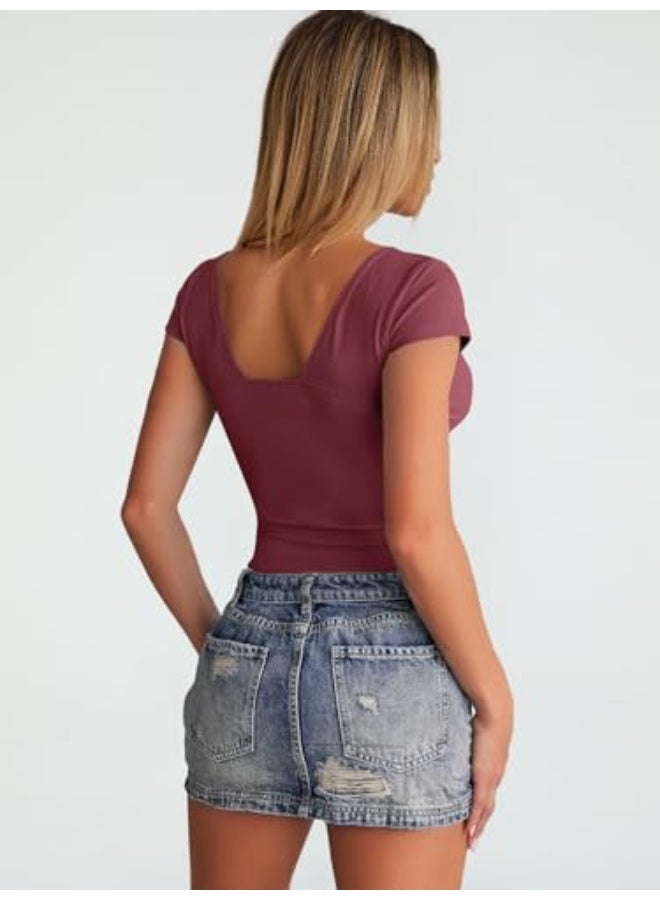 Women’s Deep V Neck Backless Short Sleeve Slim Fit Y2K Bustier Corset Cami Top - Image 1