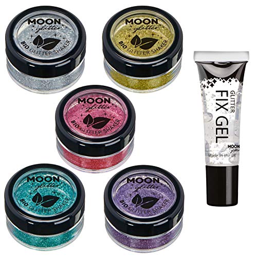 Biodegradable Eco Glitter Shakers by Moon Glitter  100 Cosmetic Bio Glitter for Face Body Nails Hair and Lips  5g  Set of 5  plus Glitter Fix Gel