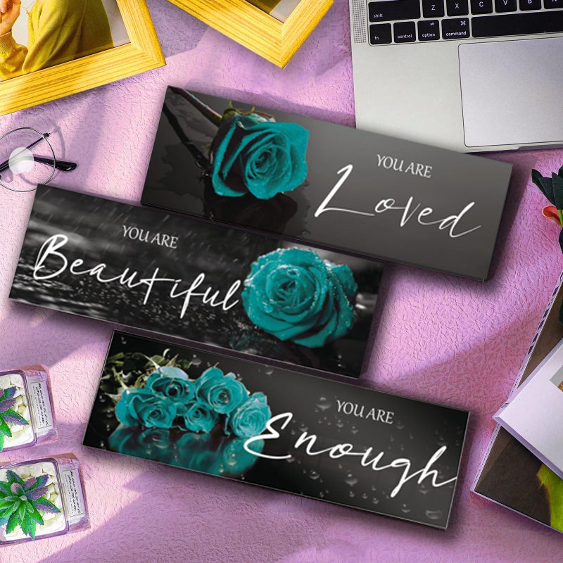 ZINYAZHE 3 Pieces Teal Wall Decor Inspirational Teal Roses Bathroom Decor Wooden Wall Art Positive Quotes You Are Loved You Are Beautiful You Are Enough for Teen Girls Women Office Bedroom(Teal Rose12 x 4 In) - Image 3