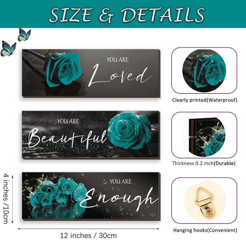 ZINYAZHE 3 Pieces Teal Wall Decor Inspirational Teal Roses Bathroom Decor Wooden Wall Art Positive Quotes You Are Loved You Are Beautiful You Are Enough for Teen Girls Women Office Bedroom(Teal Rose12 x 4 In) - Image 4