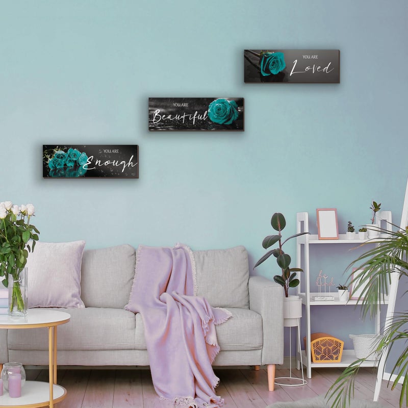 ZINYAZHE 3 Pieces Teal Wall Decor Inspirational Teal Roses Bathroom Decor Wooden Wall Art Positive Quotes You Are Loved You Are Beautiful You Are Enough for Teen Girls Women Office Bedroom(Teal Rose12 x 4 In) - Image 5