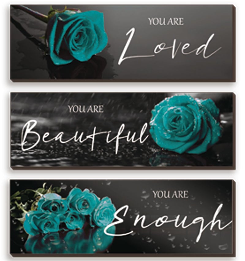ZINYAZHE 3 Pieces Teal Wall Decor Inspirational Teal Roses Bathroom Decor Wooden Wall Art Positive Quotes You Are Loved You Are Beautiful You Are Enough for Teen Girls Women Office Bedroom(Teal Rose12 x 4 In) - Image 1