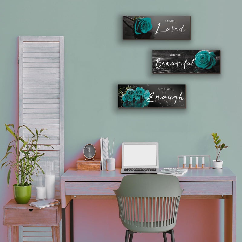 ZINYAZHE 3 Pieces Teal Wall Decor Inspirational Teal Roses Bathroom Decor Wooden Wall Art Positive Quotes You Are Loved You Are Beautiful You Are Enough for Teen Girls Women Office Bedroom(Teal Rose12 x 4 In) - Image 2