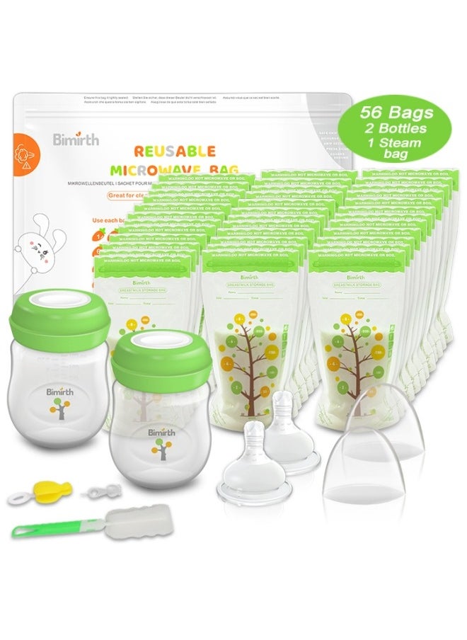 Bimirth Breastfeeding Set, 56 Breast Milk Bags, 2 Bottles, 2 Milk Storage Pads, 1 Microwave Steam Bag, 1 Bottle Brush, 1 Nipple Brush And 1 Nipple To Meet Various Breastfeeding Needs  - Image 1