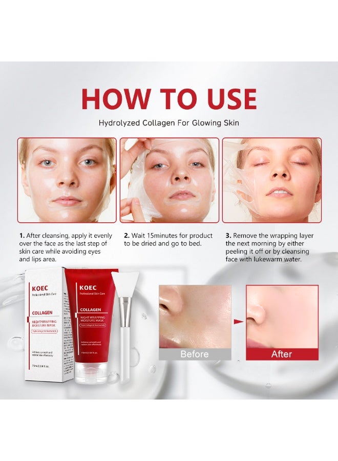 ك أو إي سي كولاجين تغليف ليلي قناع رطب 75 مل -كولاجين ثلاثي ونياسيناميد لسلس مشع رقاقة الجلد السلس تقشير من قناع مع فرشاة التطبيق - Image 5