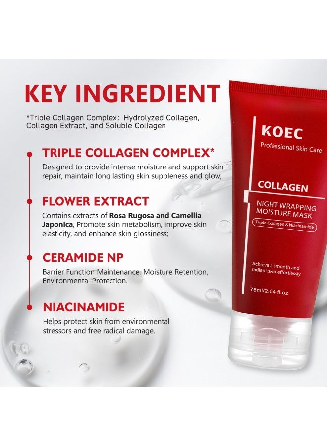 ك أو إي سي كولاجين تغليف ليلي قناع رطب 75 مل -كولاجين ثلاثي ونياسيناميد لسلس مشع رقاقة الجلد السلس تقشير من قناع مع فرشاة التطبيق - Image 4