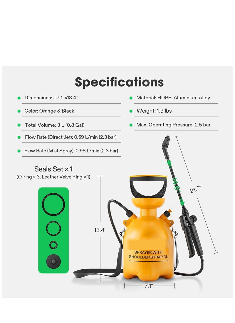 SYOSI Pump Pressure Sprayer 0.8Gal/3L, Portable Pressurized Water Spray Bottle with Adjustable Shoulder Strap, Adjustable Nozzle, Safety Valve & Additional Seals, Ideal for Watering, Fertilizing, Cleaning  - Image 5