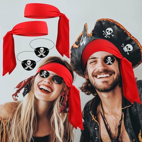 Scotamalone إكسسوارات قراصنة هالوين من سكوتامالون - مستلزمات حفلات القراصنة للرجال والنساء تشمل بندانا قراصنة حمراء واثنين من رقع العين السوداء - Image 5