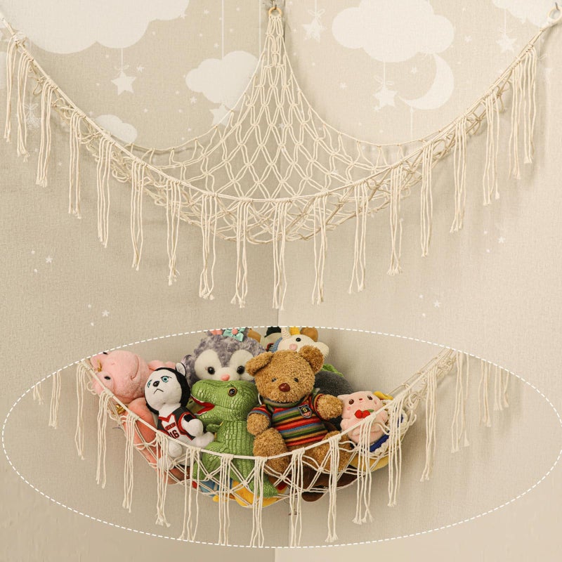 YELIENM Stuffed Animal Hammock Corner HandKnitted Large Plushie Net Toy Hammock with Wooden Rings  Boho Cute Stuff Animal Storage for Nursery  Bedroom  Mesh Kids Toy Organizer Holder Nursery Room Decor