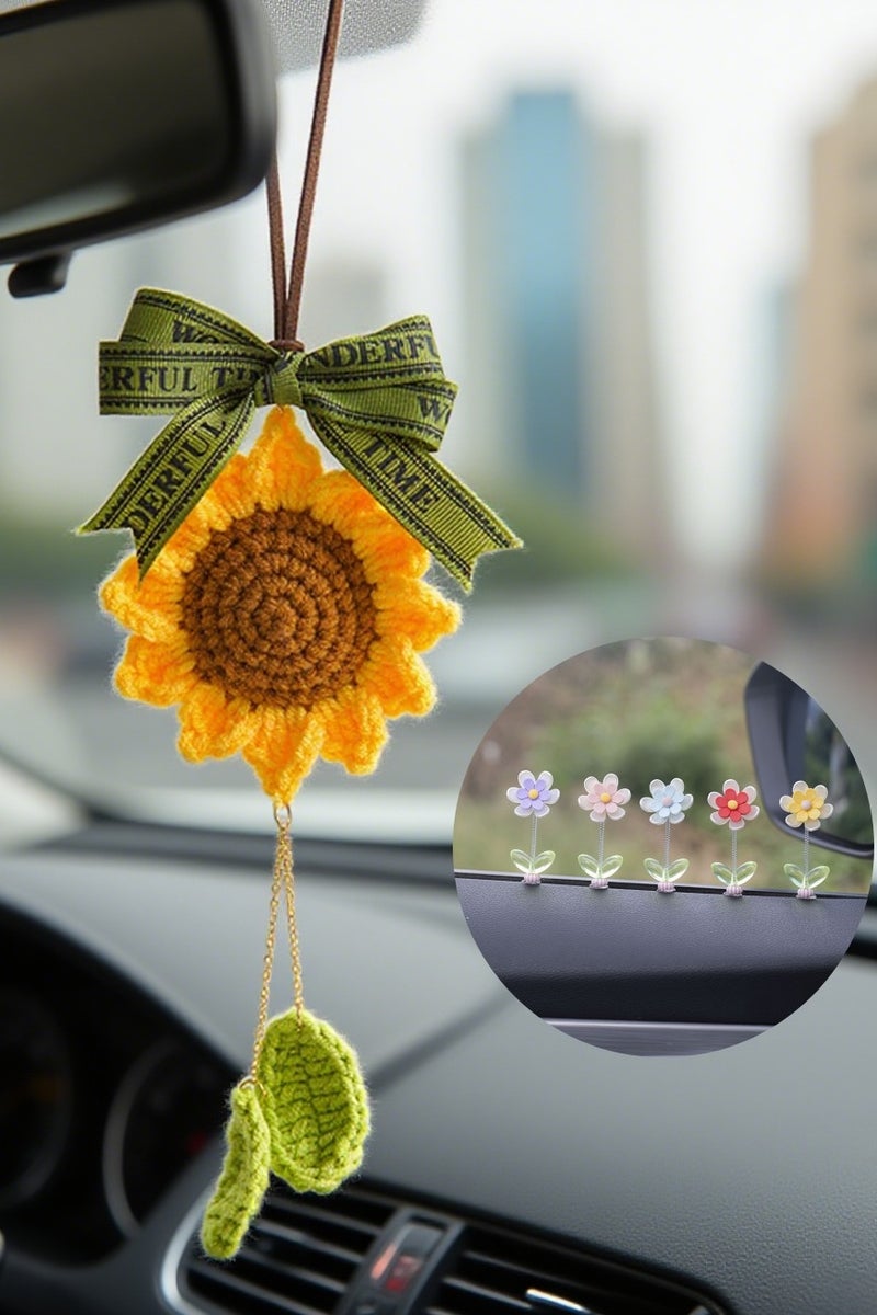 Car decoration 6-piece set, car rearview mirror hanging accessories, hand-woven floral rearview mirror sunflower 1 piece, 5 pieces of daisy flower car center console decorations - dashboard and interior decoration accessories - Image 1