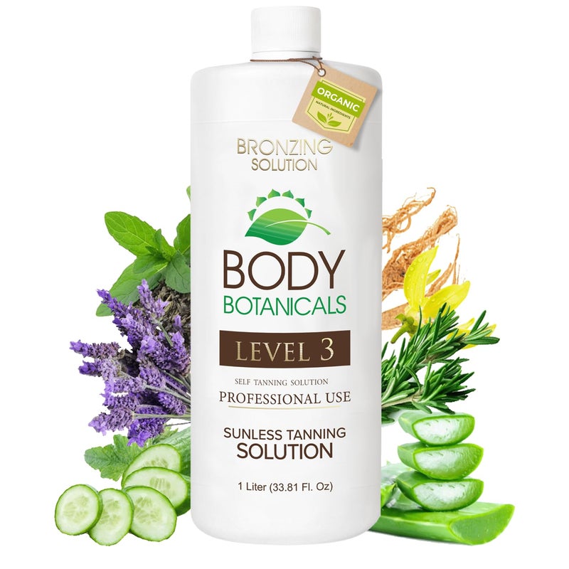 Body Botanicals, Professional Sunless Tanning Spray Tan Solution, Organic Essential Oils, Airbrush Formula, 33.8 Fl Oz. (Level 3 (12% DHA)) - Image 1