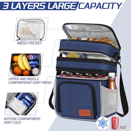 ZRSUN Insulated Lunch Bag for Women Men, Reusable 3 Layers Lunch Box Women, Expandable Reusable Water-resistant Lunch Box for Work Travel Office Picnic Hiking (Navy Blue) - Image 4