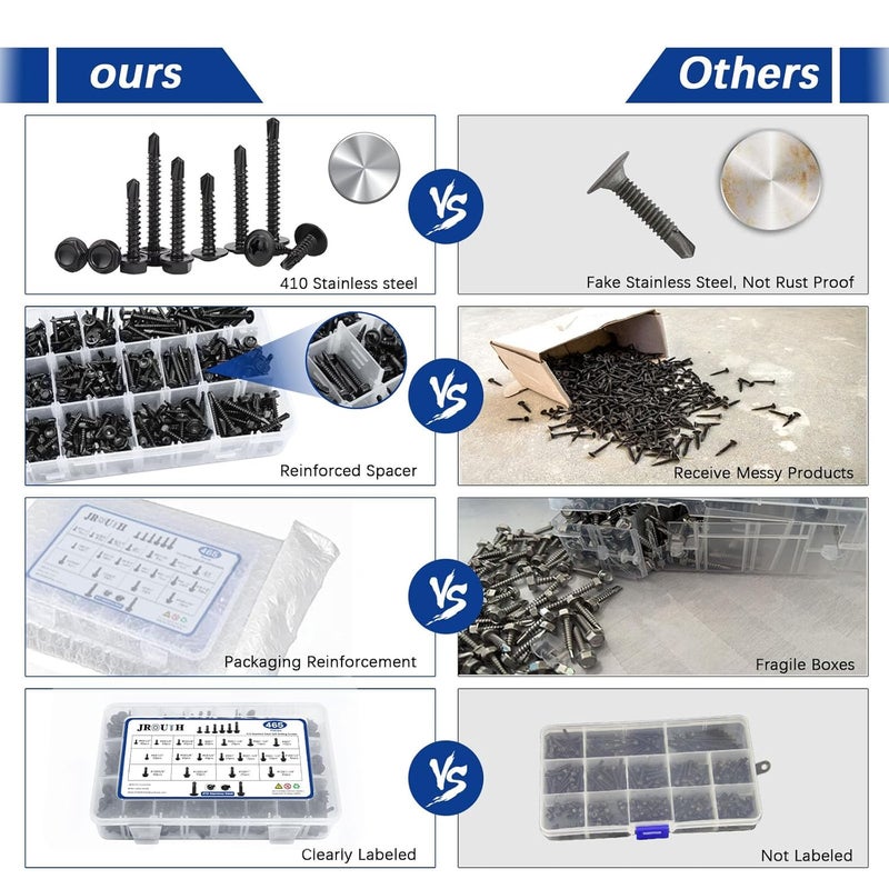 JROUTH 465 PCS Self Drilling Screws, 410 Stainless Steel Self Tapping Screws #8#10 for Metal-2 Type Head（Hex/Round） 1/2" to 2" Sheet Metal Screws Assortment Set for Building, Metal, Wood, and Plastic - Image 4