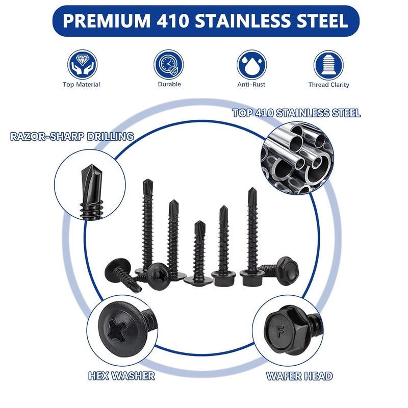 JROUTH 465 PCS Self Drilling Screws, 410 Stainless Steel Self Tapping Screws #8#10 for Metal-2 Type Head（Hex/Round） 1/2" to 2" Sheet Metal Screws Assortment Set for Building, Metal, Wood, and Plastic - Image 3