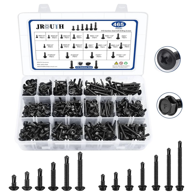 JROUTH 465 PCS Self Drilling Screws, 410 Stainless Steel Self Tapping Screws #8#10 for Metal-2 Type Head（Hex/Round） 1/2" to 2" Sheet Metal Screws Assortment Set for Building, Metal, Wood, and Plastic - Image 1