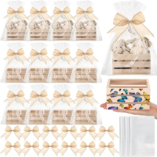 GlikCeil 12 Pcs Easter Gift Basket Empty Kit Small Wood Crates Unfinished Wooden Storage Box 12 Bows 12 Clear Treat Bags for Halloween, Thanksgiving, Christmas Craft Gift Basket Home Decor(Wood Color) - Image 1