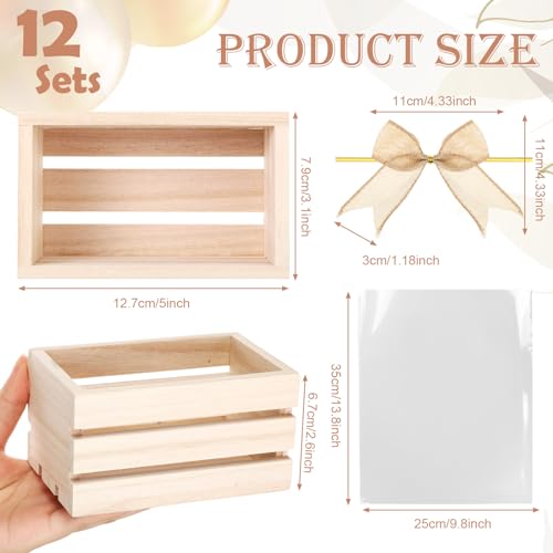 GlikCeil 12 Pcs Easter Gift Basket Empty Kit Small Wood Crates Unfinished Wooden Storage Box 12 Bows 12 Clear Treat Bags for Halloween, Thanksgiving, Christmas Craft Gift Basket Home Decor(Wood Color) - Image 4