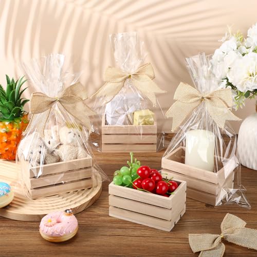 GlikCeil 12 Pcs Easter Gift Basket Empty Kit Small Wood Crates Unfinished Wooden Storage Box 12 Bows 12 Clear Treat Bags for Halloween, Thanksgiving, Christmas Craft Gift Basket Home Decor(Wood Color) - Image 3