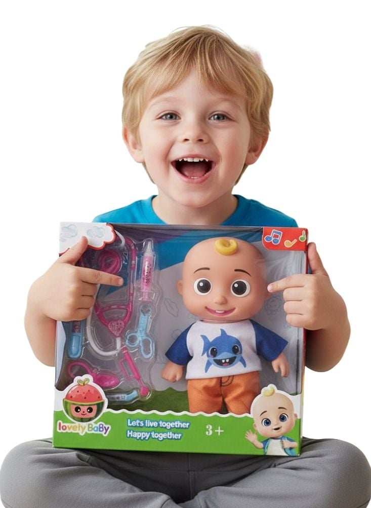 بريميم مجموعة ألعاب دمية طفل باللونين الأزرق والبرتقالي مع أدوات طبية ومؤثرات صوتية وتصميم كرتوني مبتسم - Image 3