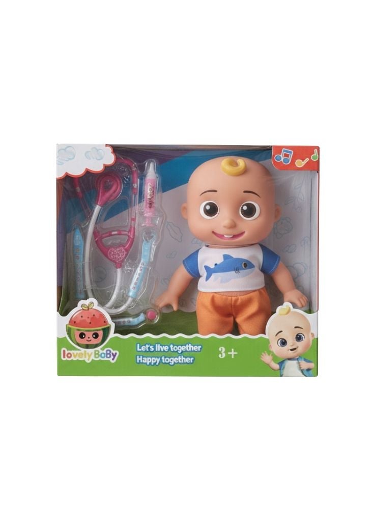 بريميم مجموعة ألعاب دمية طفل باللونين الأزرق والبرتقالي مع أدوات طبية ومؤثرات صوتية وتصميم كرتوني مبتسم - Image 2