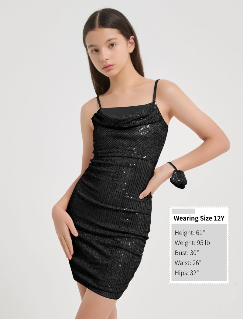 EXARUS Girls Sparkly Dress Sequin Homecoming School Dance Party Bodycon Special Occasion Spaghetti Strap Cowl Neck Mini Tight Dresses Black 12Y - Image 5