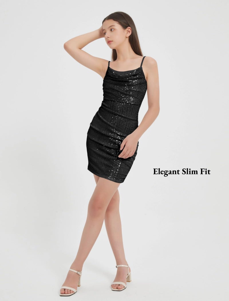 EXARUS Girls Sparkly Dress Sequin Homecoming School Dance Party Bodycon Special Occasion Spaghetti Strap Cowl Neck Mini Tight Dresses Black 12Y - Image 2