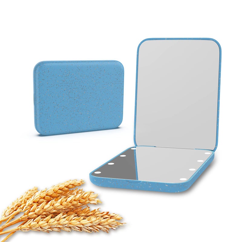 Kintion Wheat Straw Mirror  1X/3X Magnification Pocket Mirror  Lighted Plastic Fiber Mirror  Folding Purse Mirror  Handheld Travel Mirror  Small Lighted Compact Mirror for Gift  Blue - Image 1
