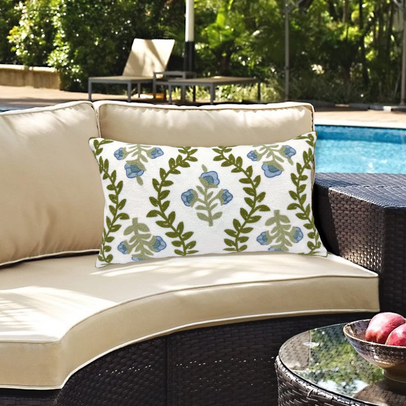 Alysheer Summer Floral Embroidered Decorative Throw Pillow Cover 12"x 20", Farmhouse Blue Flowers Green Leaves Patterned Cotton Canvas Lumbar Cushion Case for Sofa Couch Living Room Cottage Decor - Image 3