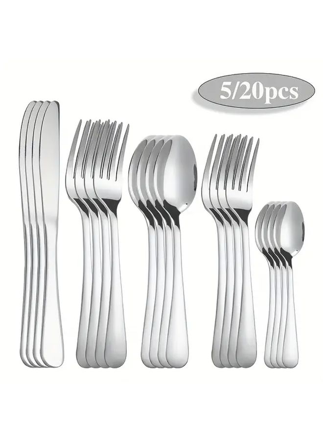 Silvery 5 Piece Stainless Steel Cutlery Set Elegant Dinner Knife Forks Spoons Coffee Spoon Dessert Fork Dishwasher Safe For Home Kitchen Hotel Party Thanksgiving Easter Christmas Weddings - Image 1