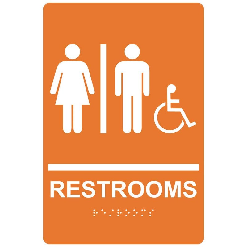 ComplianceSigns.com Restrooms Sign, ADA-Compliant Braille and Raised Letters, 9x6 inch White on Orange Acrylic with Mounting Strips - Image 5