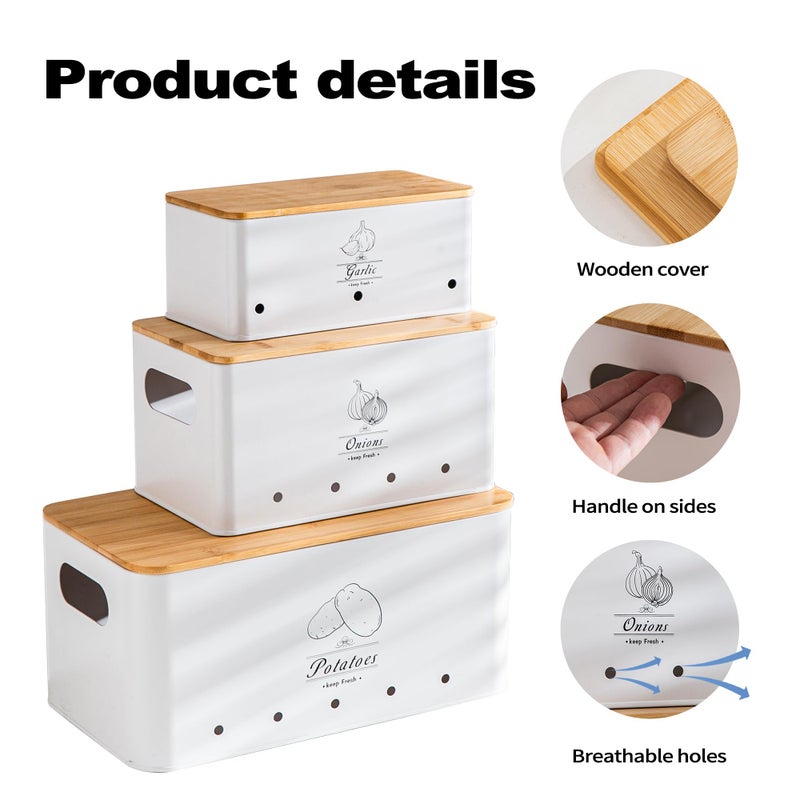 Tenforie Potato Onion and Garlic Storage Bin Set of 3, White Metal Kitchen Vegetable Canisters with Bamboo Lid and Aerating Holes, Stackable Kitchen Storage Tin for Countertop Pantry - Image 4