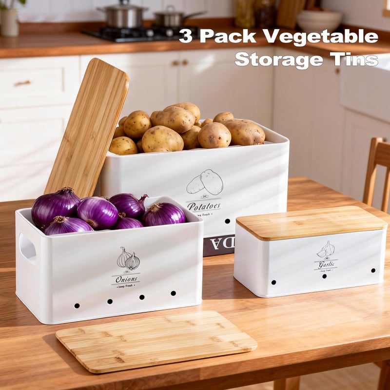 Tenforie Potato Onion and Garlic Storage Bin Set of 3, White Metal Kitchen Vegetable Canisters with Bamboo Lid and Aerating Holes, Stackable Kitchen Storage Tin for Countertop Pantry - Image 2