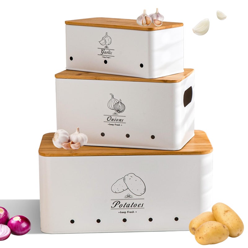 Tenforie Potato Onion and Garlic Storage Bin Set of 3, White Metal Kitchen Vegetable Canisters with Bamboo Lid and Aerating Holes, Stackable Kitchen Storage Tin for Countertop Pantry - Image 1