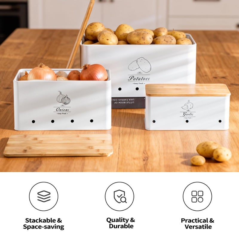 Tenforie Potato Onion and Garlic Storage Bin Set of 3, White Metal Kitchen Vegetable Canisters with Bamboo Lid and Aerating Holes, Stackable Kitchen Storage Tin for Countertop Pantry - Image 5