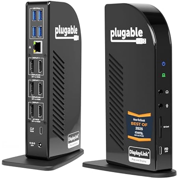 Plugable USB-C 4K TRIPLE DISPLAY DOCKING STATION WITH CHARGING SUPPORT FOR SPECIFIC WINDOWS USB C AND THUNDERBOLT 3 SYSTEMS (1X HDMI AND 2X DISPLAYPORT++ OUTPUTS, 5X USB PORTS, 60W USB PD) - Image 1