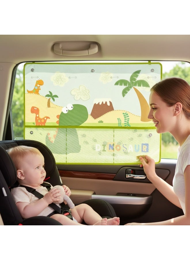Y&D 20*27.5Inch Blackout Car Window Shade for Baby – Car Side Window Sunshade Curtains with 7 Suction Cups & Storage Pocket – Cute Cartoon Pattern UV Sun Heat Glare Protection for SUV Sedan Camping (Dinosaur) - Image 2