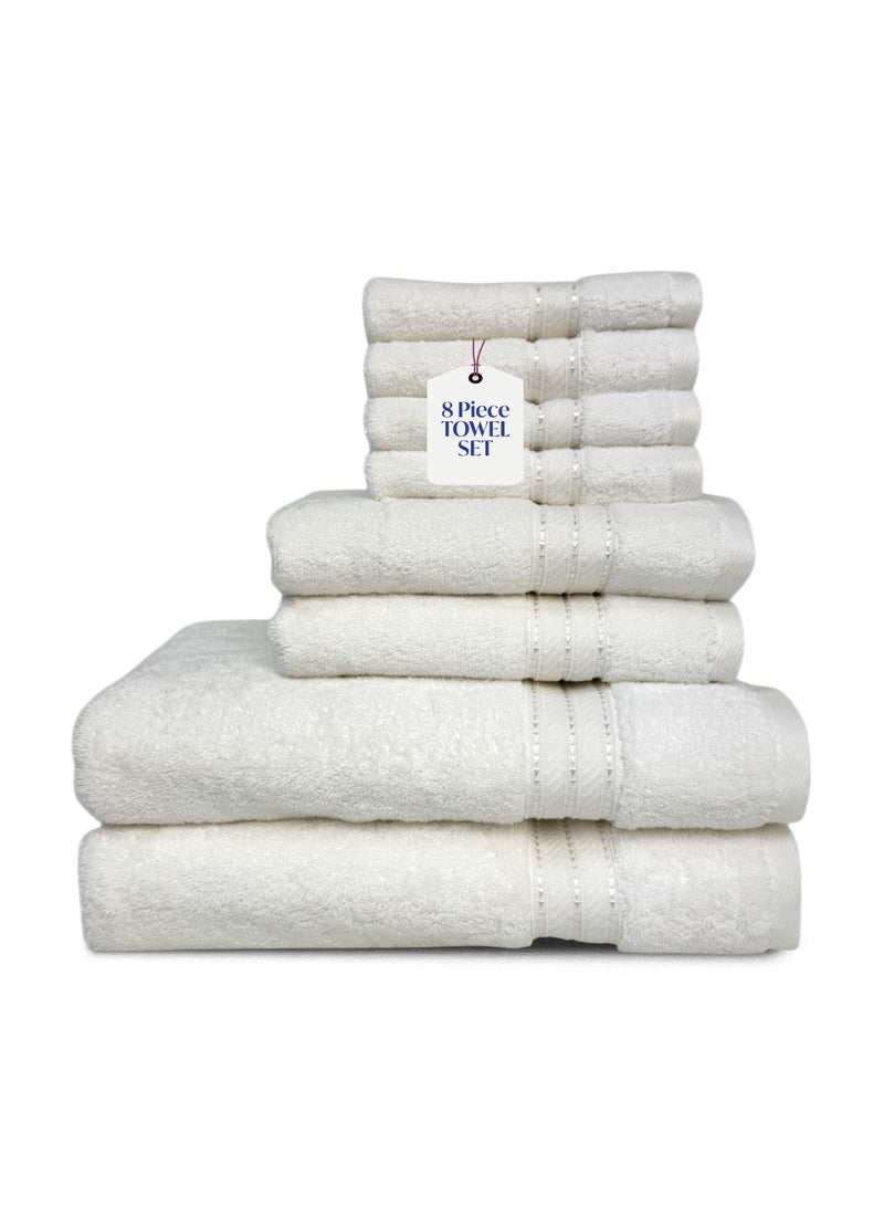 كاسينو Kassino 8 Piece Towels Set - 100% Combed Cotton Includes 2 Bath, 2 Hand & 4 Face Towels, Soft & Quick-Dry, Highly Absorbent, Double Stitched Hotel Towels Quality | White - Image 1