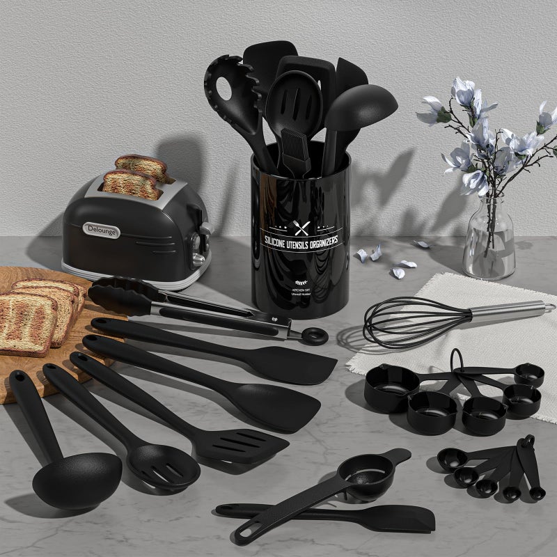 Umite Chef Silicone Kitchen Utensils Set, Umite Chef 22Pcs Cooking Utensils Spatula Set, Heat Resistant Non-Stick Silicone, Dishwasher Safe Cooking Gadgets Tools Set(Black) - Image 2