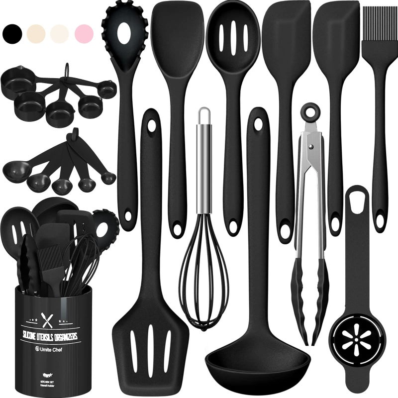 Umite Chef Silicone Kitchen Utensils Set, Umite Chef 22Pcs Cooking Utensils Spatula Set, Heat Resistant Non-Stick Silicone, Dishwasher Safe Cooking Gadgets Tools Set(Black) - Image 1