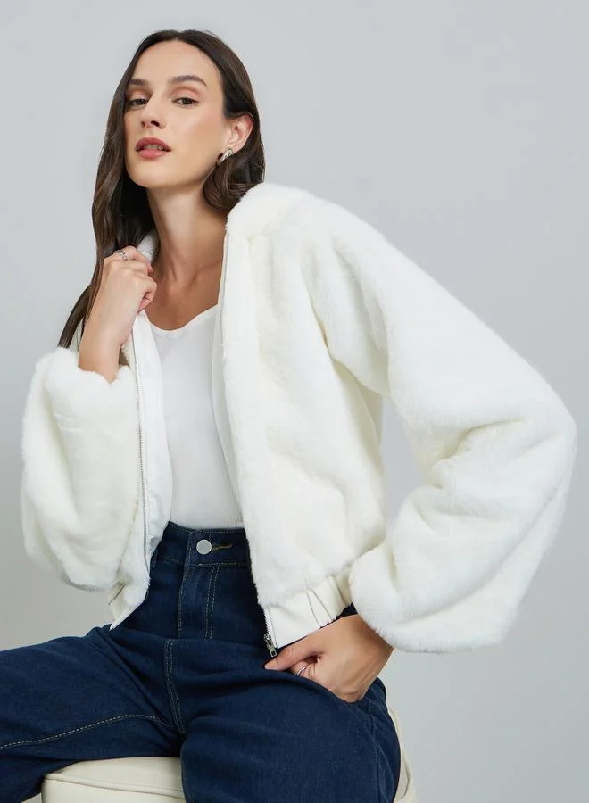 تايك تو Women's Solid Fake Fur Zip Up Hoodie Coat