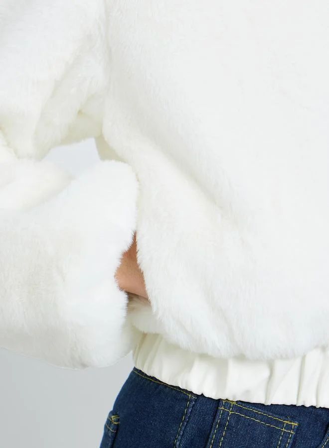 Take Two  White Faux Fur Zip-Up Hooded Jacket for Women | Best Price UAE