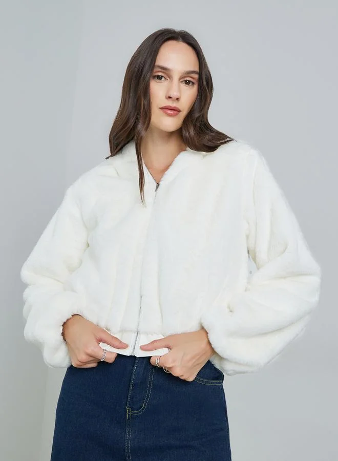Take Two  White Faux Fur Zip-Up Hooded Jacket for Women | Best Price UAE