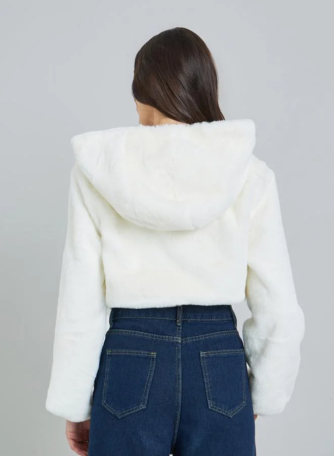 Take Two  White Faux Fur Zip-Up Hooded Jacket for Women | Best Price UAE