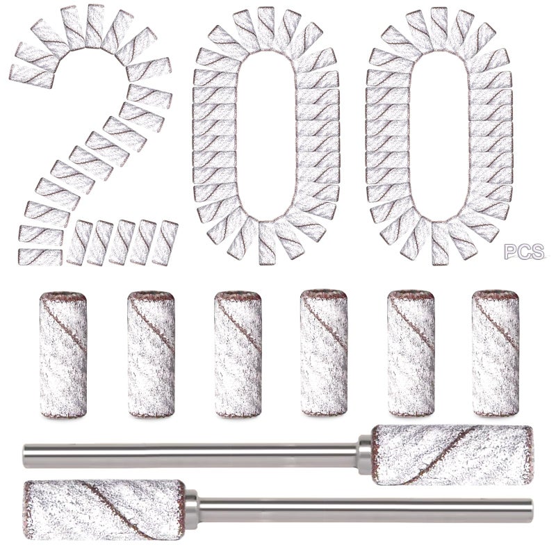 BLESWIN 200pcs 240 Grit Small Sanding Bands for Nail Drill with 2pcs 3/32â€™â€™ Upgrade Mandrels Bits, Mini Sanding Bands for Nail Drill for Manicure Nail Salon and Nail Enthusiasts Use, White - Image 1
