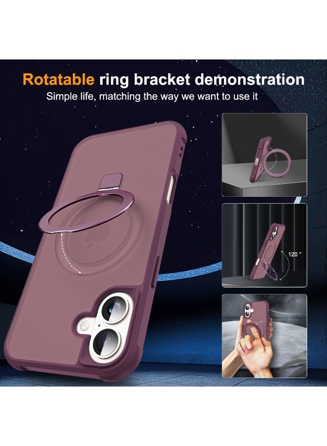 جراب هاتف شفاف عسكري متوافق مع iPhone 16 مع حامل مغناطيسي غير مرئي على شكل حلقة لهاتف iPhone 16 [متوافق مع Mag-Safe] [شعور قبضة رائع]، أحمر نبيذي - Image 5