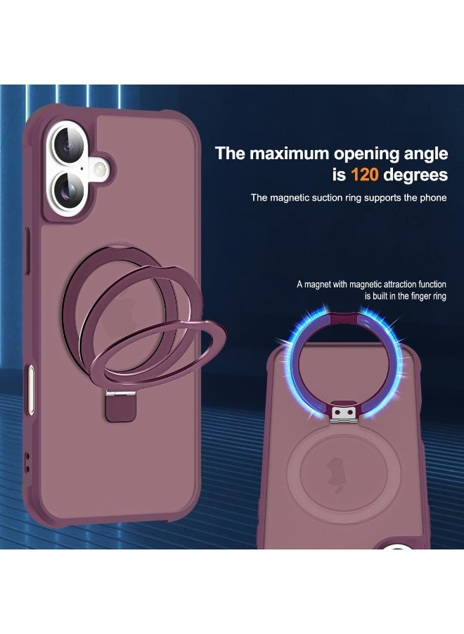 جراب هاتف شفاف عسكري متوافق مع iPhone 16 مع حامل مغناطيسي غير مرئي على شكل حلقة لهاتف iPhone 16 [متوافق مع Mag-Safe] [شعور قبضة رائع]، أحمر نبيذي - Image 3
