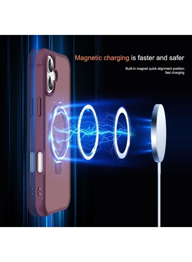جراب هاتف شفاف عسكري متوافق مع iPhone 16 مع حامل مغناطيسي غير مرئي على شكل حلقة لهاتف iPhone 16 [متوافق مع Mag-Safe] [شعور قبضة رائع]، أحمر نبيذي - Image 2