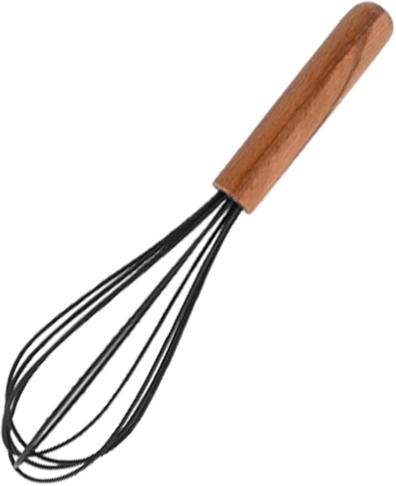 1pcs Black Silicone Balloon Whisk,Heat Resistant Non Scratch Coated Kitchen Whisk with Wooden Handle for Blending Whisking Beating Stirring Cooking Backing