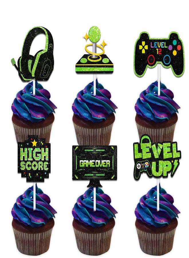 LETLIMIT 18pcs Green Glitter Dessert Cupcake Topper Play Gaming Game Console Theme Decor Supplies Men Women Happy Birthday Party Decoration - Image 1